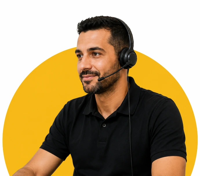 Conseiller au casque sur fond jaune, illustration du service client